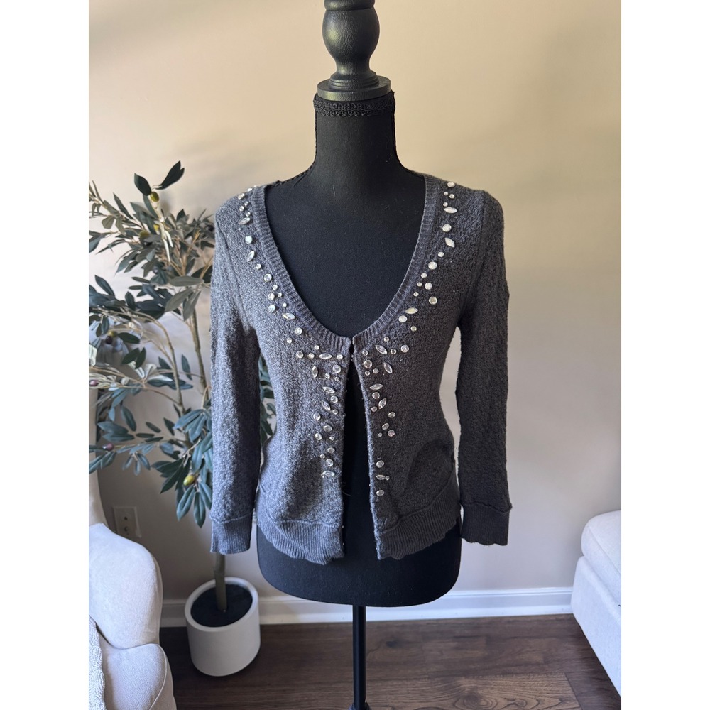 American Eagle Rhinestone Embellished V-Neck Cardigan Sweater Gray Small